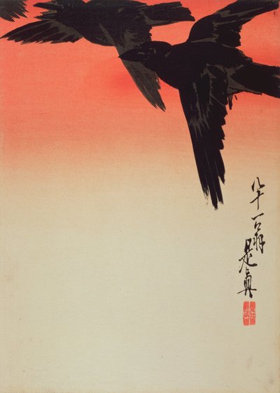 Crows in Flight at Sunrise by Shibata Zeshin